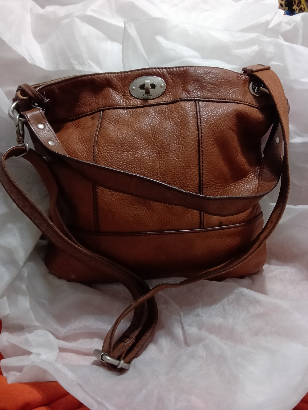 Fossil Cognac Brown Pebbled Leather Shoulder/Crossbody Bag